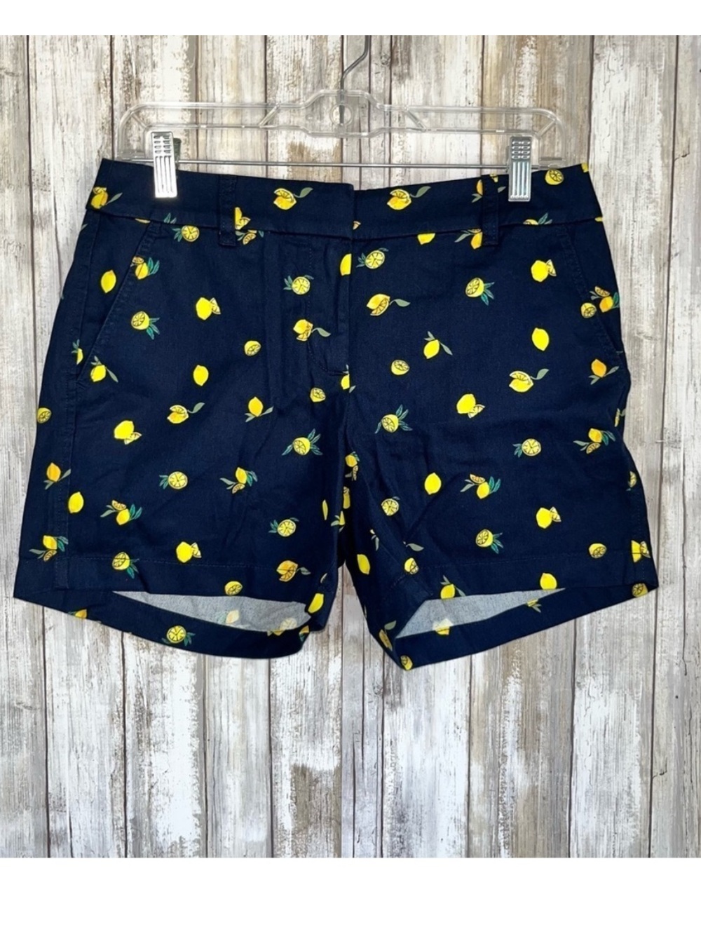 J.Crew Lemon Print Chino Shorts 5” Navy Yellow NWT Size 4 Cotton - Picture 2 of 6
